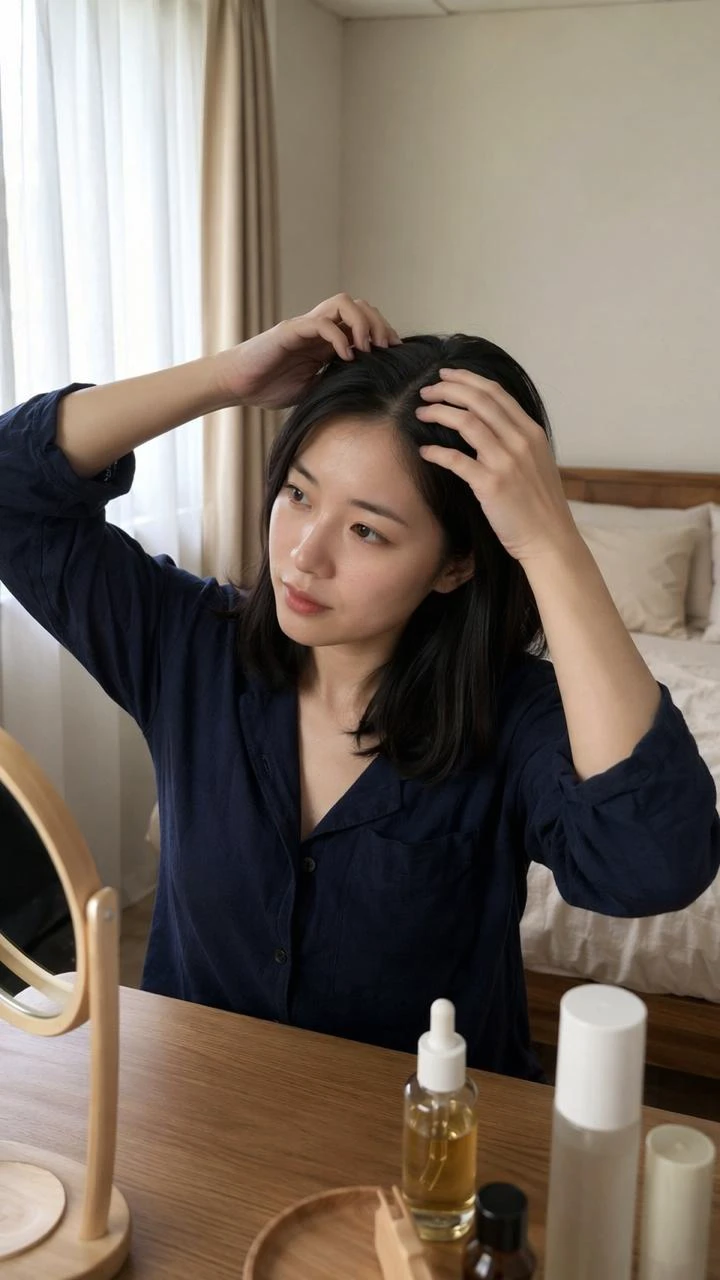Mulher usando OEJE Scalp Serum raiz equilibrada em rotina para fios frágeis.