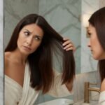 Crescimento lento em proposta visual com foco em raiz, comprimento travado e rotina premium de cuidado capilar.