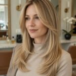 Modelo em perspectiva diagonal frontal com cabelo butter blonde elegante, brilho sedoso e reflexos bege cremosos.