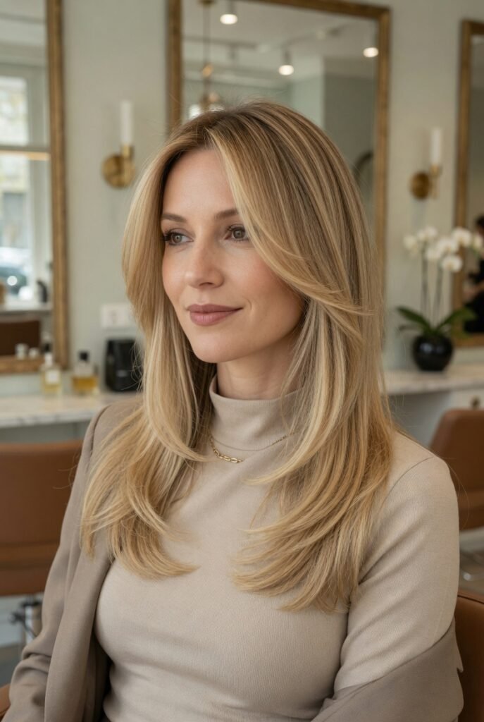 Modelo em perspectiva diagonal frontal com cabelo butter blonde elegante, brilho sedoso e reflexos bege cremosos.