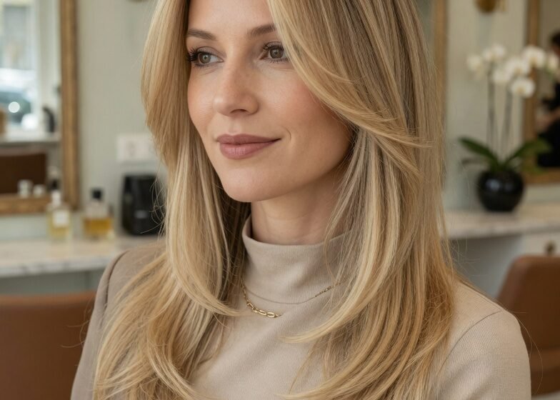 Modelo em perspectiva diagonal frontal com cabelo butter blonde elegante, brilho sedoso e reflexos bege cremosos.