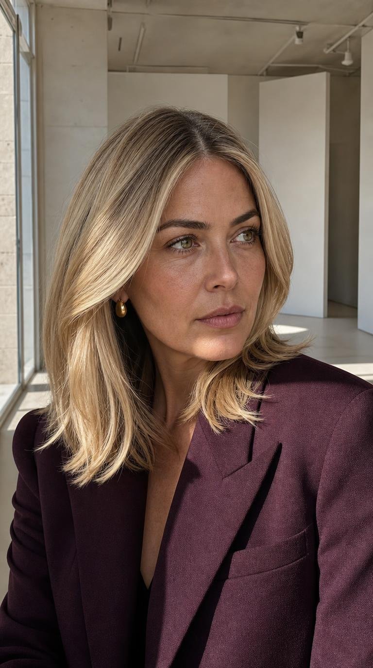 Butter Blonde elegante com raiz mais profunda e reflexos dourados cremosos