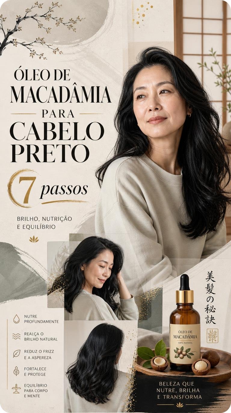 Óleo de macadâmia para cabelo preto aplicado no comprimento para melhorar o brilho