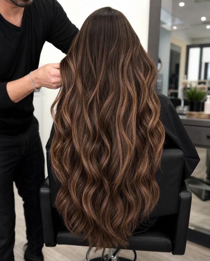 Mechas caramelo em morenas com base castanha e reflexos 7.7 + 8.3 em cabelo iluminado.