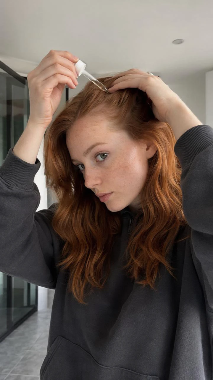 Mulher ruiva usando Amend Antiqueda raiz cuidada na rotina para fios frágeis.
