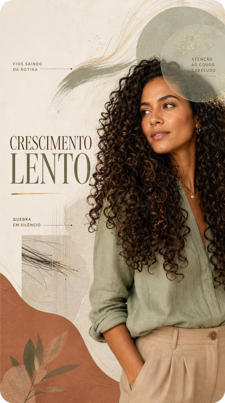 Crescimento lento no comprimento com cachos e sinais sutis de quebra nos fios