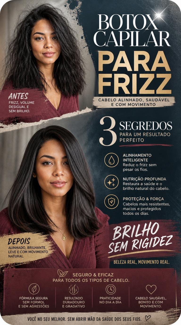 Mulher com cabelo alinhado representando botox capilar para frizz com brilho sem rigidez.