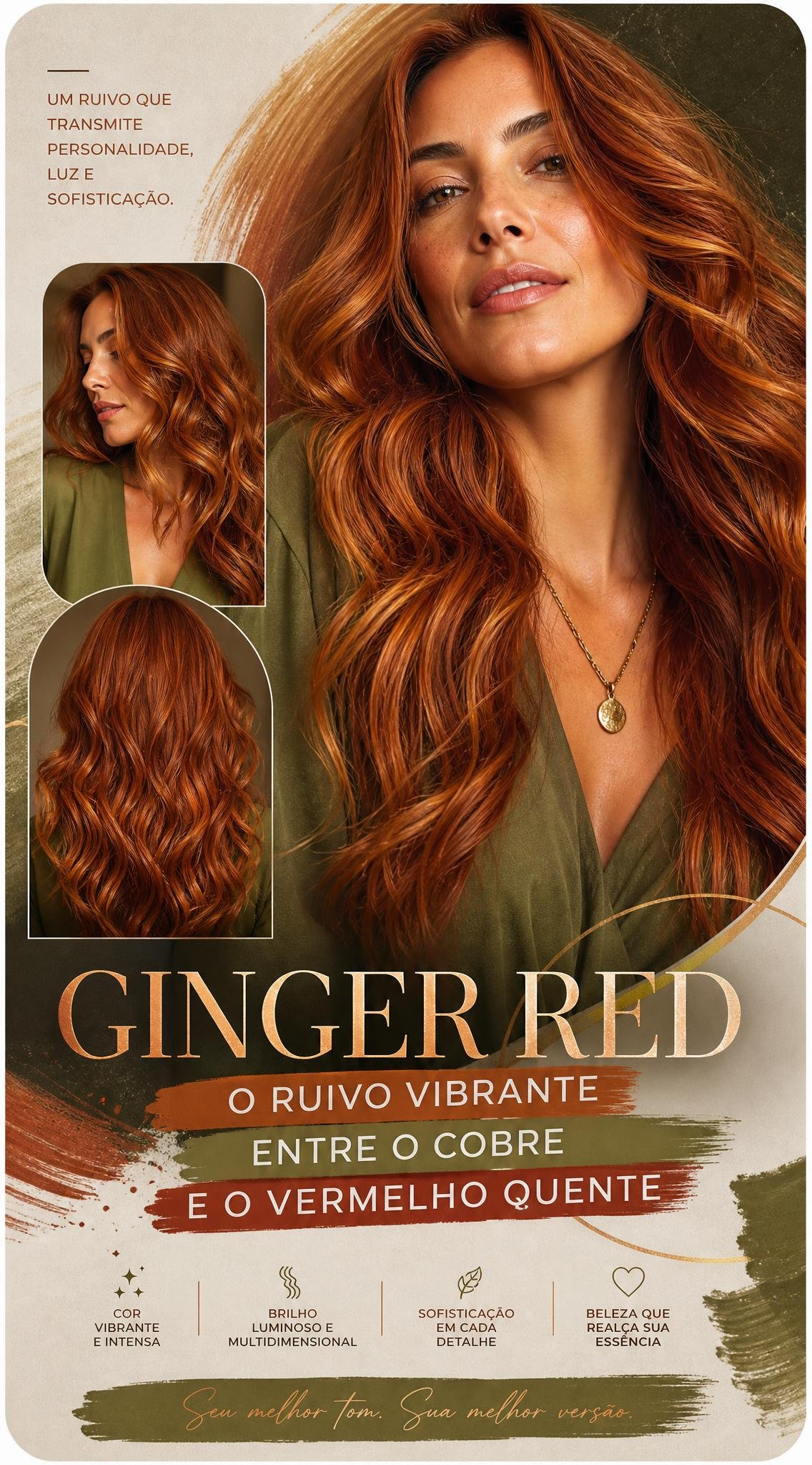 Ginger red em cabelo ondulado com ruivo vibrante entre cobre e vermelho quente.