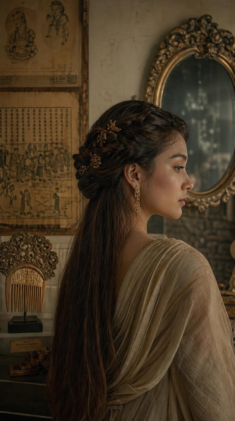 História do cabelo com penteado antigo, símbolos culturais e referência à beleza ao longo do tempo.