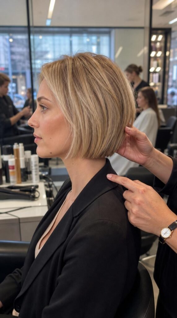 mulher com bob loiro com frizz usando leave-in leve para pontas alinhadas