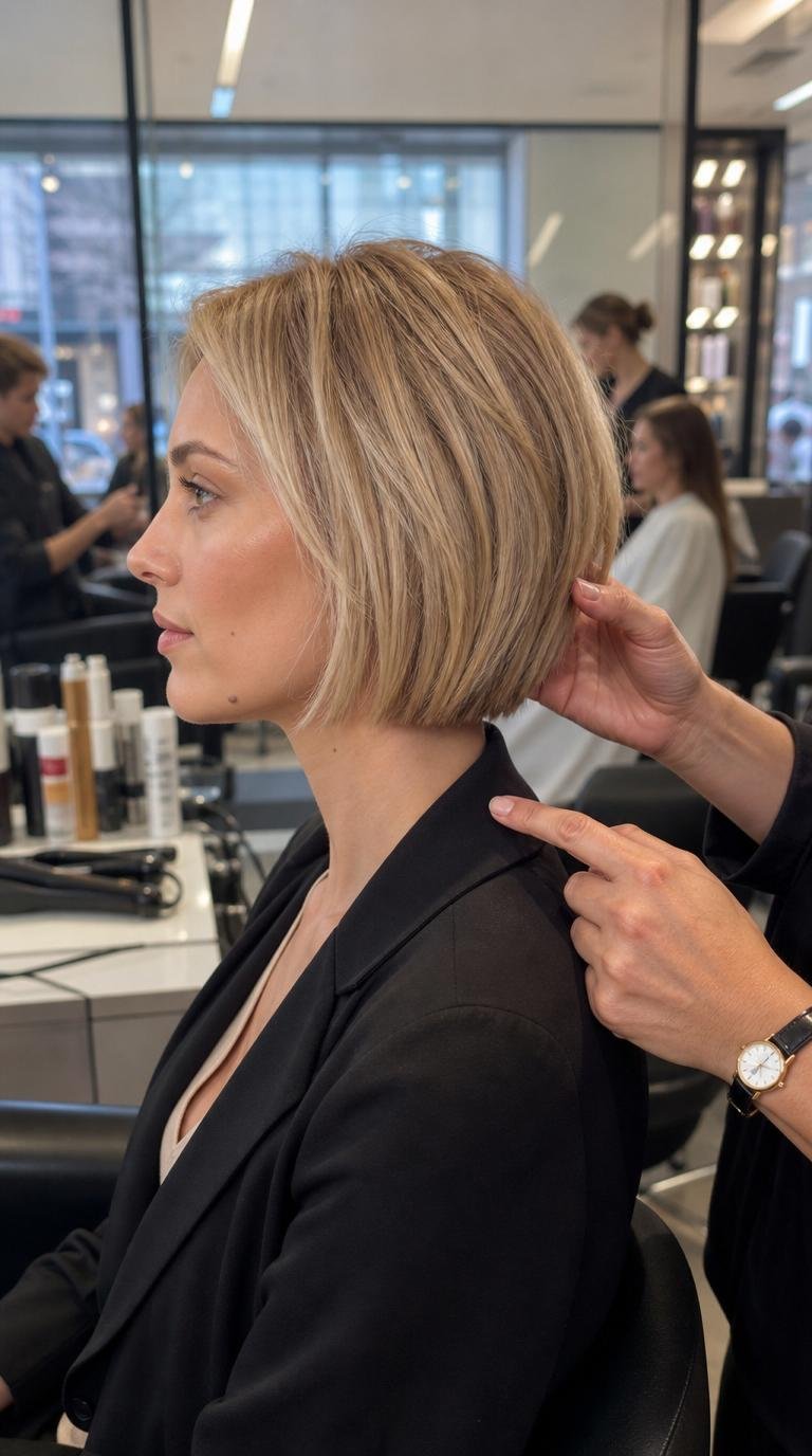 mulher com bob loiro com frizz usando leave-in leve para pontas alinhadas