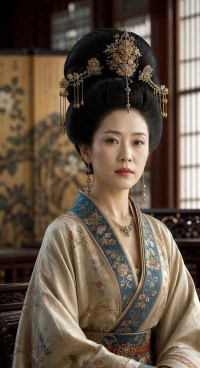Cabelo na China Antiga representado por mulher com penteado tradicional, grampo ornamental e vestes históricas chinesas.