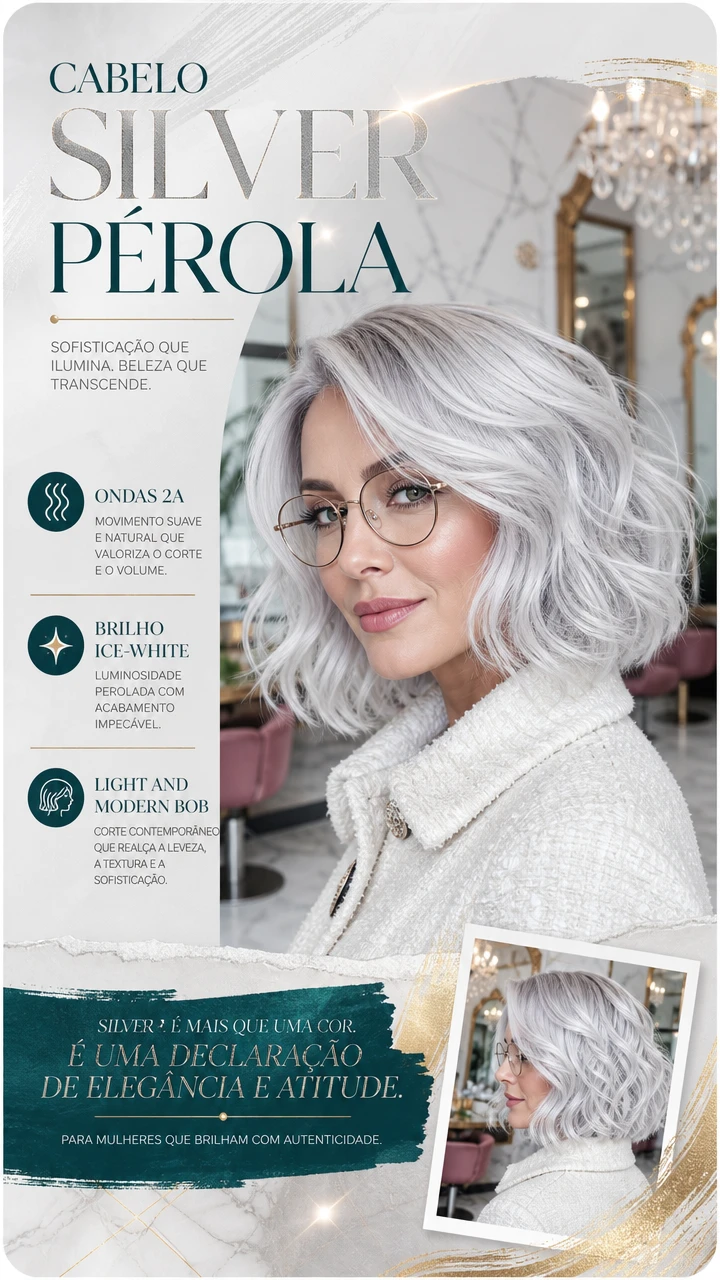 Cabelo Prata Pérola 2A: ondas leves e brilho branco-gelo