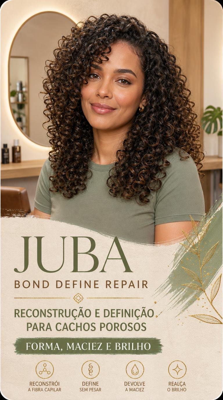 Juba Bond Define Repair em cachos porosos com definição, maciez e brilho.