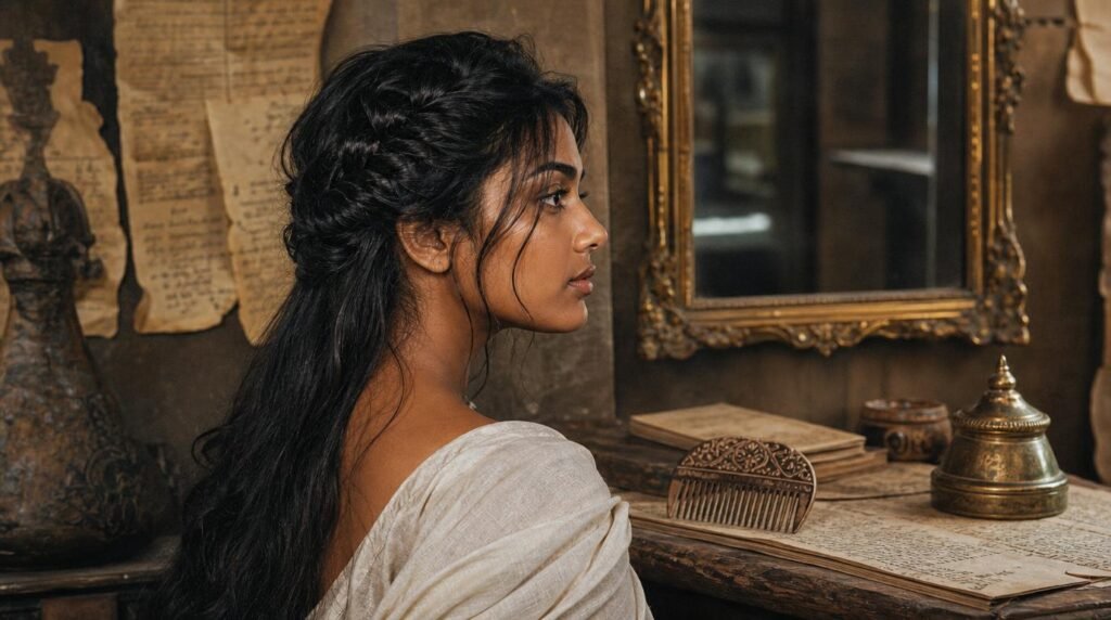 Uma foto cinematográfica, vibrante e surreal, de uma mulher de perfil com longos cabelos escuros parcialmente trançados em estilo de época