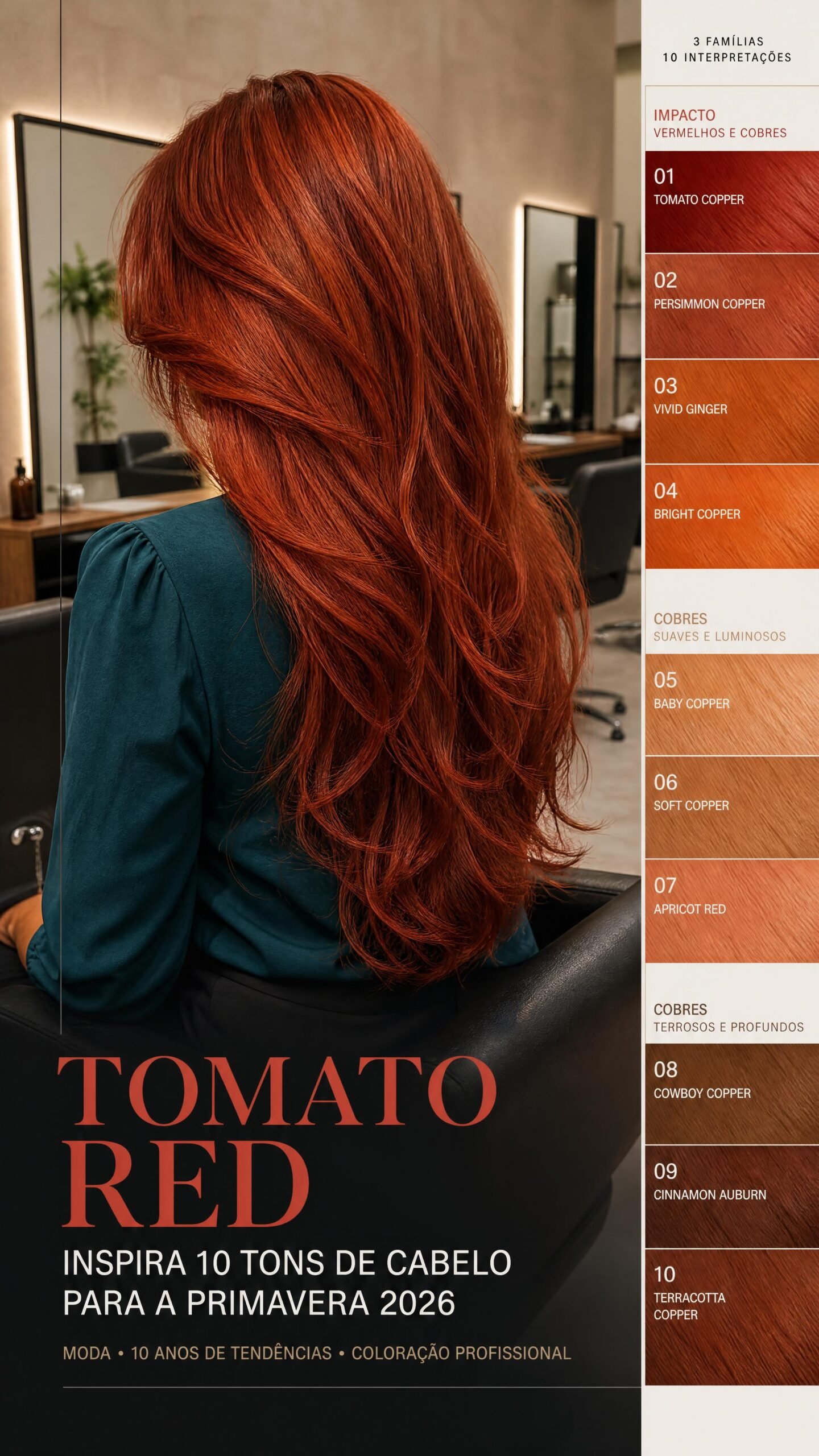 Tomato Red no cabelo em versão Tomato Copper com reflexos cobre quentes e luminosos.
