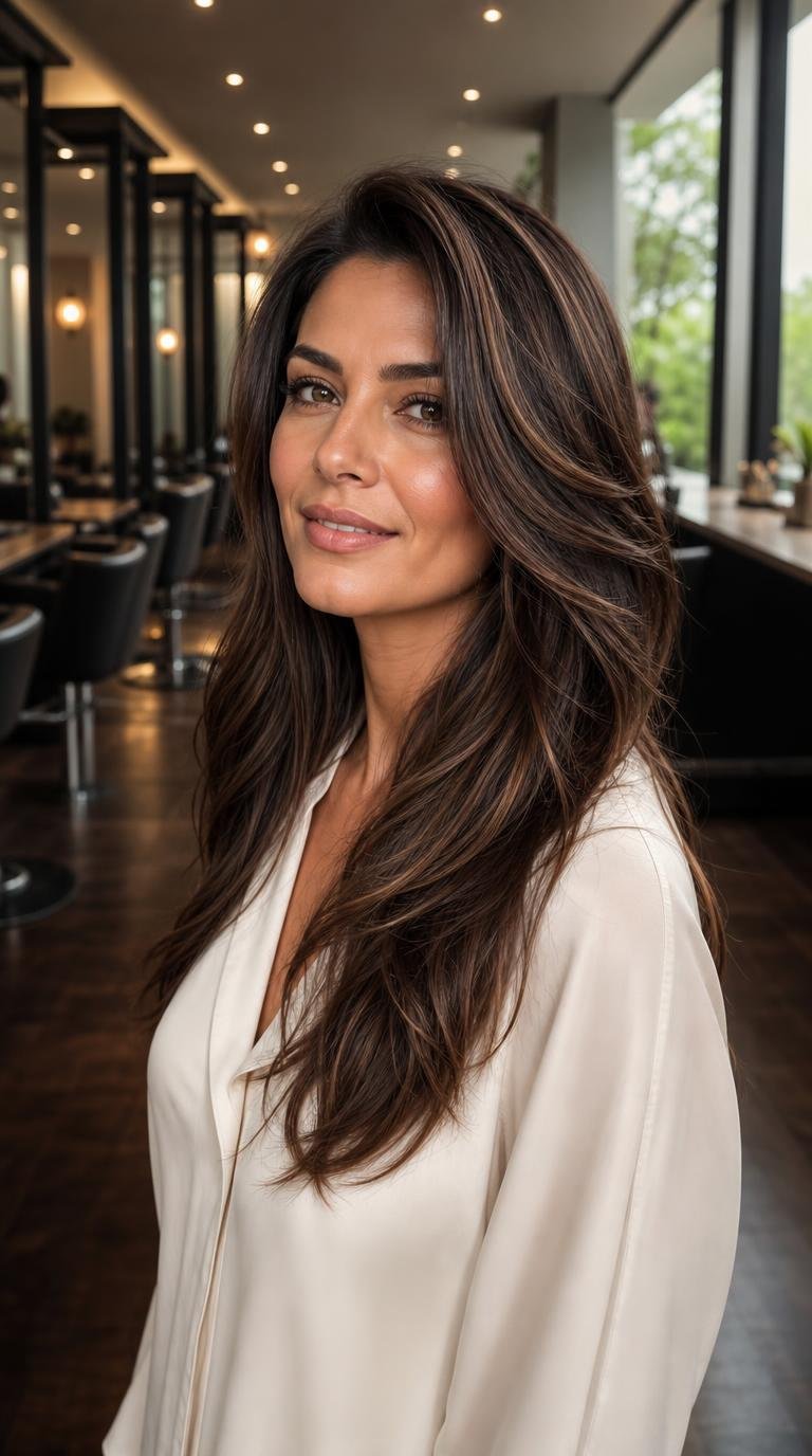 Golden Hour Brunette em cabelo castanho com mechas finas em mel e caramelo.