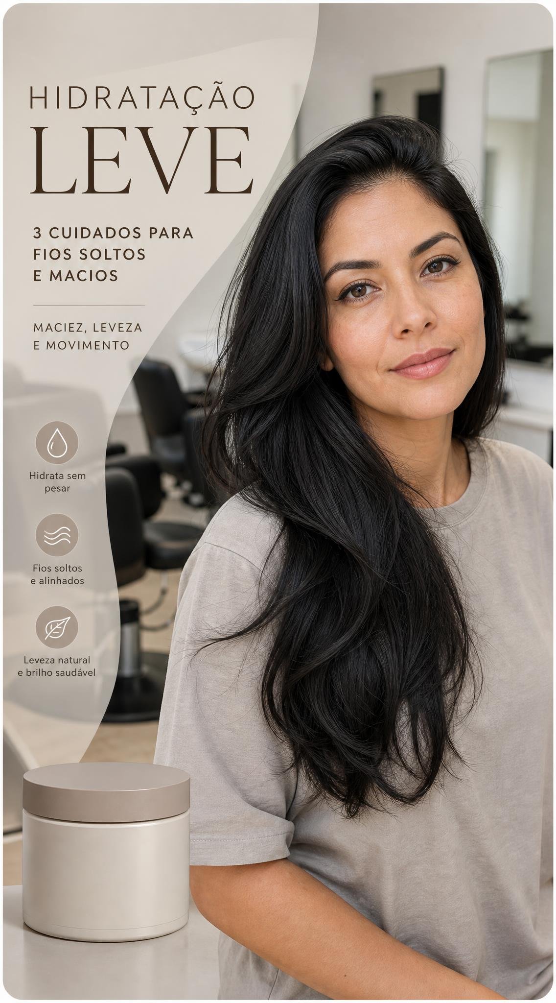 Hidratação leve em cabelo preto 1C com fios soltos, macios e com movimento.