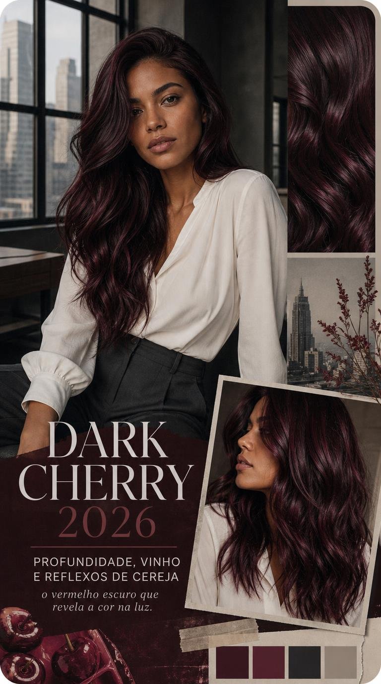 Dark Cherry 2026: profundidade, vinho e reflexos de cereja