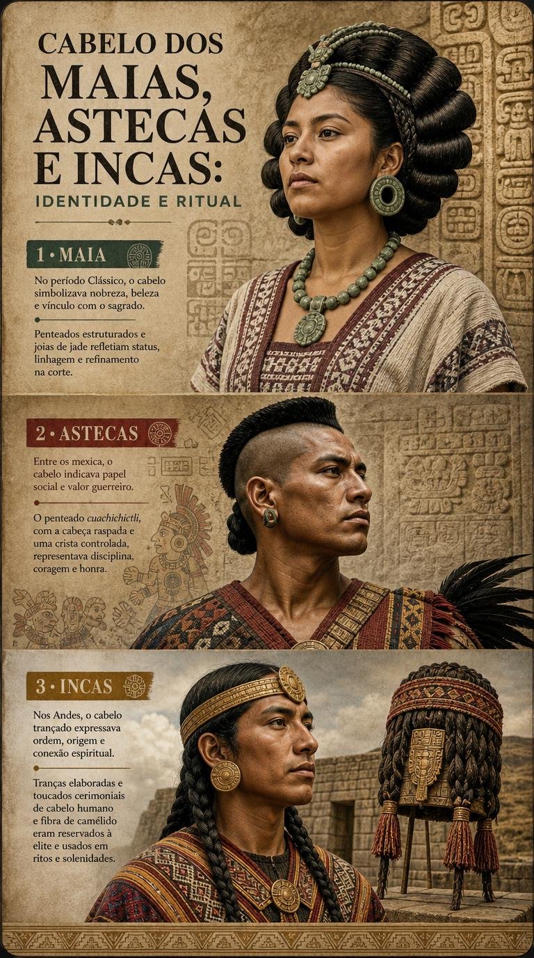 Cabelo dos Maias, Astecas e Incas representado por penteados, adornos e símbolos de identidade e ritual